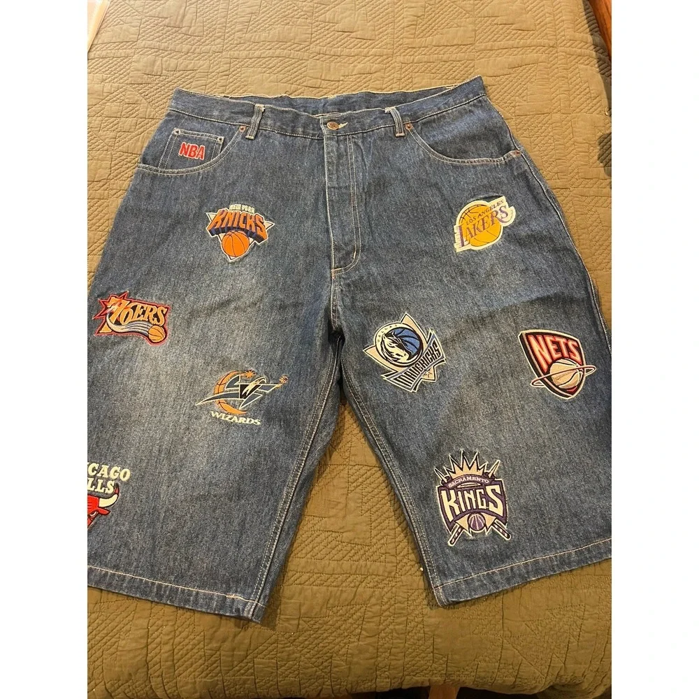 Unk NBA Blue Jean Shorts Vintage 90s Size 36 With 16 Team Patches - Picture 9 of 13